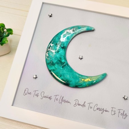 Cuadro de Arte Fluido en Forma de Luna Verde Personalizado