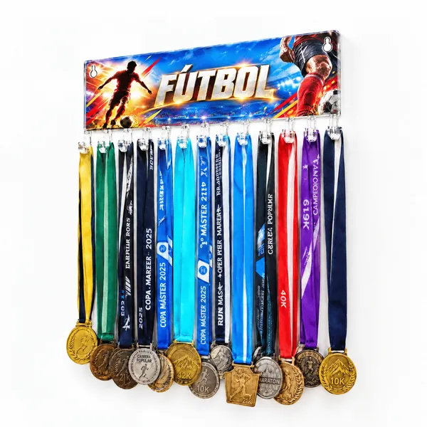 Medallero Fútbol Hombre - Colgador Porta Medallas de 36 x 16 cm - Hasta 30 Medallas - Rojo