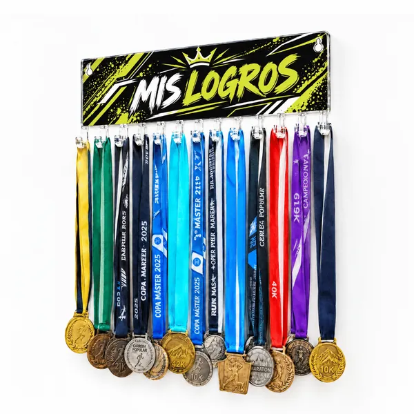 Medallero Mis Logros Amarillo - Colgador Porta Medallas de 36 x 14 cm - Hasta 30 Medallas