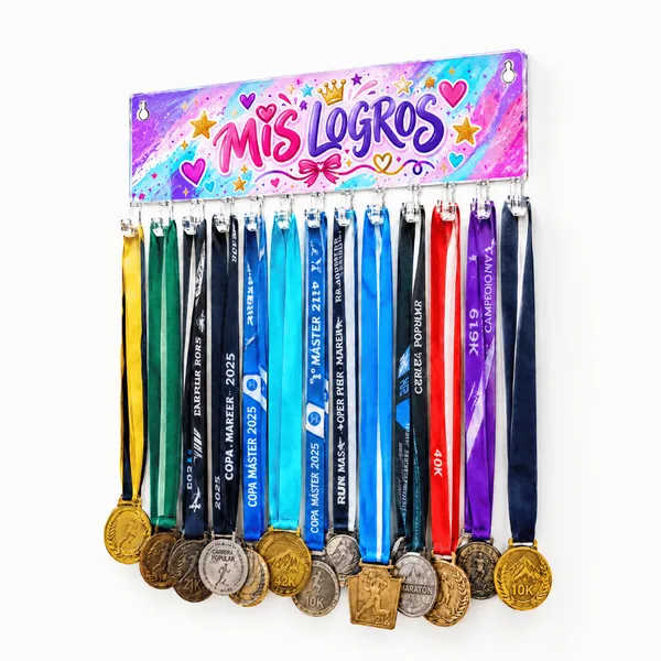 Medallero Mis Logros Niña - Colgador Porta Medallas de 36 x 14 cm - Hasta 30 Medallas