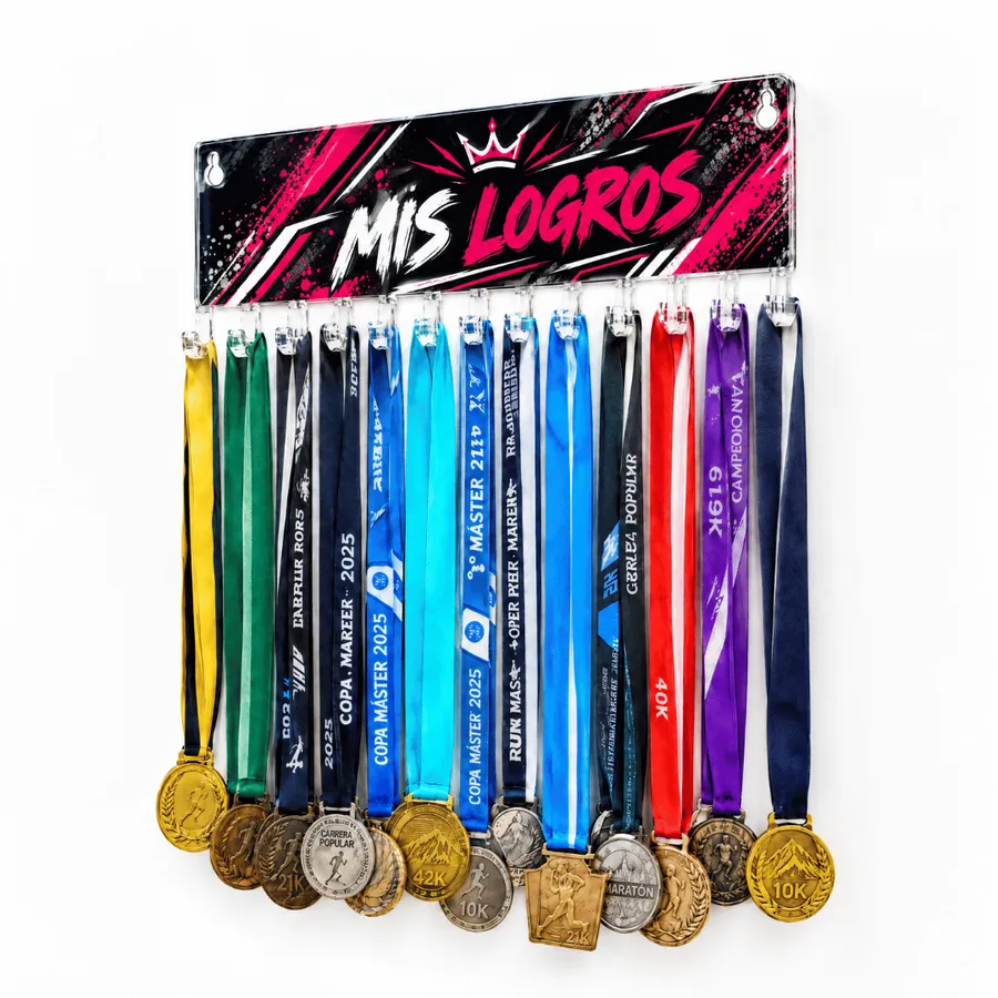 Medallero Mis Logros Fucsia - Colgador Porta Medallas de 36 x 14 cm - Hasta 30 Medallas