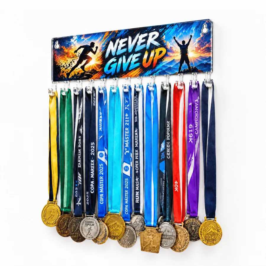 Medallero Never Give Up - Colgador Porta Medallas de 36 x 14 cm - Hasta 30 Medallas