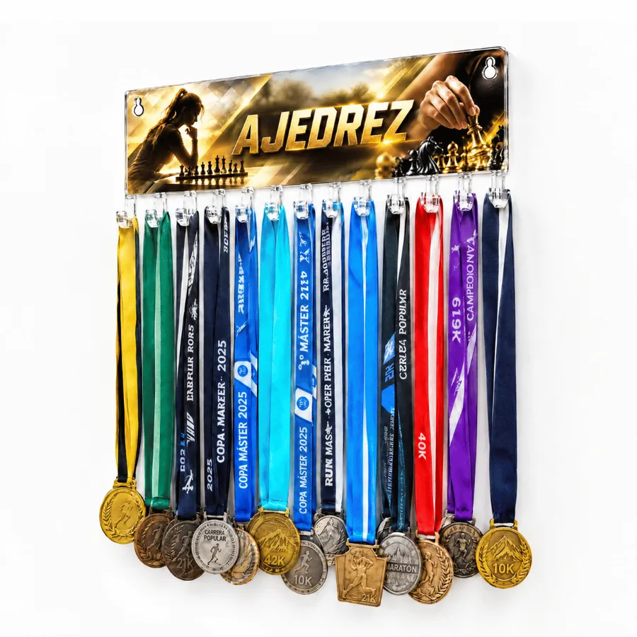 Medallero Ajedrez Mujer - Colgador Porta Medallas de 36 x 14 cm - Hasta 30 Medallas