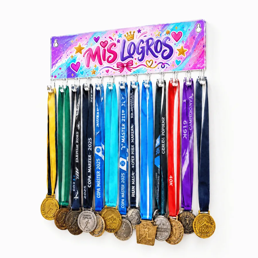 Medallero Mis Logros Niña - Colgador Porta Medallas de 36 x 14 cm - Hasta 30 Medallas